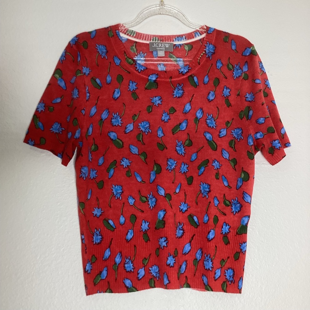 J. Crew Featherweight Cashmere  Tee in Red Daisy Sm